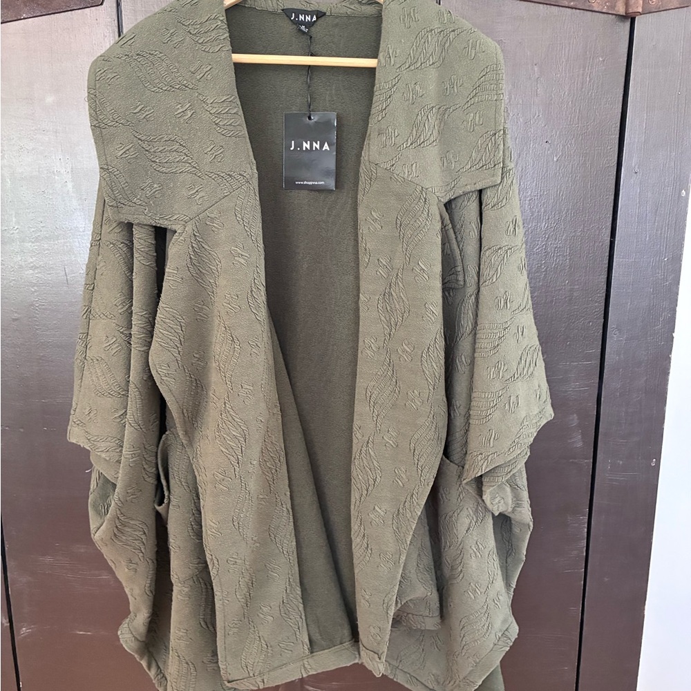 J.NNA Olive Green Textured Open-Front Poncho Cardigan